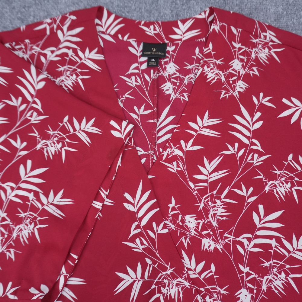 Worthington Wrap Blouse Women XL Red White Bamboo Leaf Print Short Sleeve V-Neck